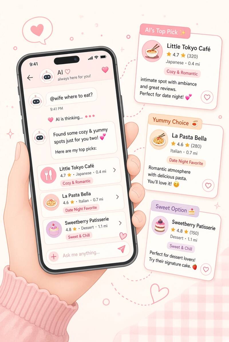 App mockup showing assistant recommendations